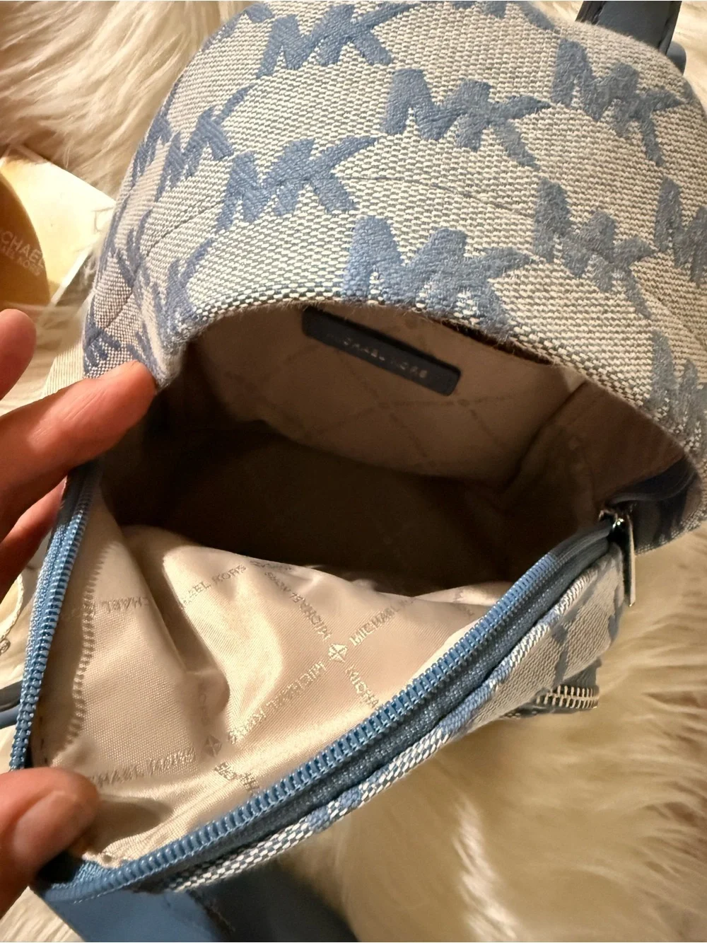Michael Kors Light Blue MK Jacquard Mini Backpack with Card Pouch